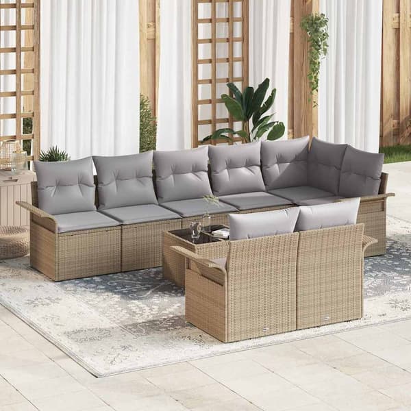 vidaXL Trädgårdsoffset med kudde 9 pcs Beige Poly rattan