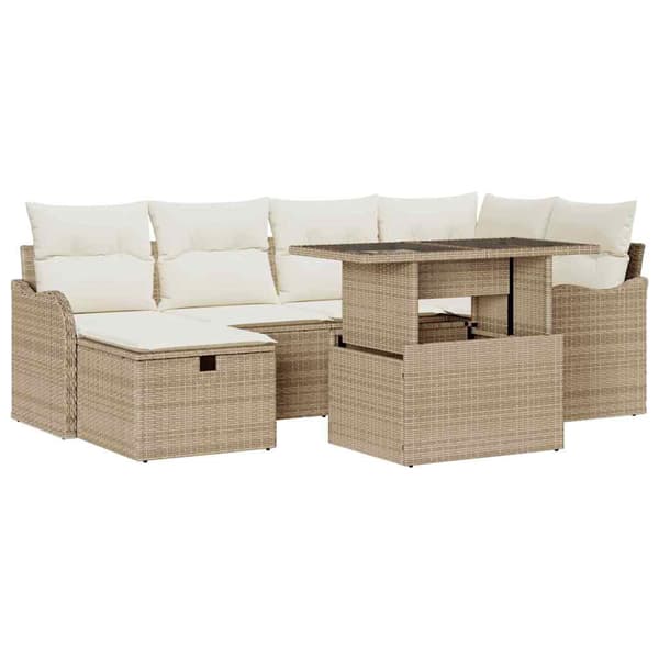vidaXL Trädgårdsoffset med kudde med lagring 7 pcs Beige Poly rattan
