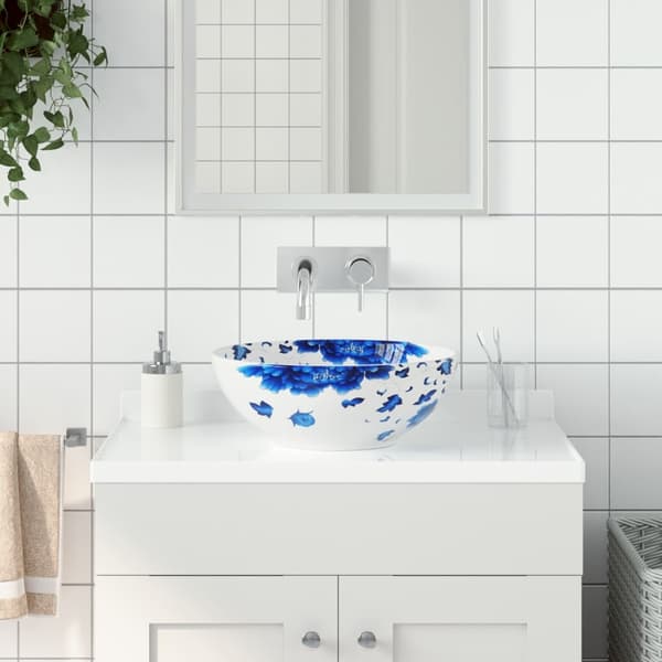 vidaXL Benkeservant hvit og blå rund Φ41x14 cm keramikk