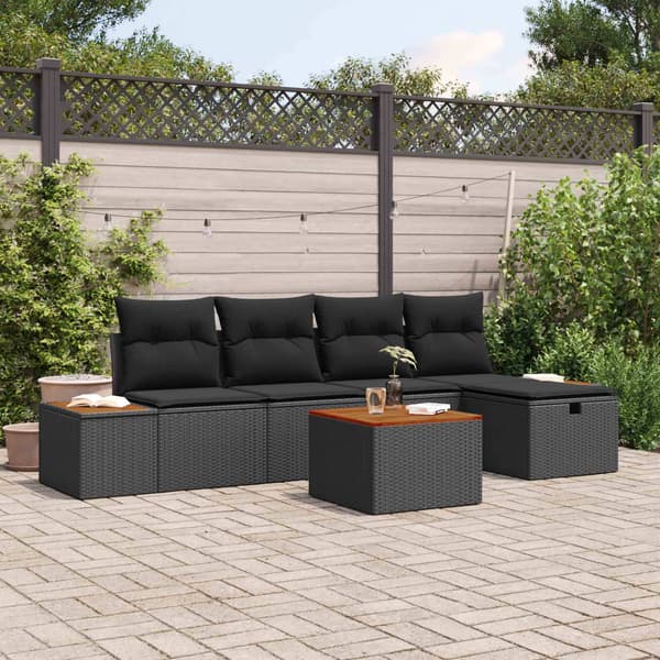 vidaXL Trädgårdsoffset med kudde 6 pcs Svart Poly rattan