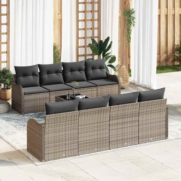 vidaXL Trädgårdsoffset 9 pcs Grå Poly Rattan och Stål och Glas