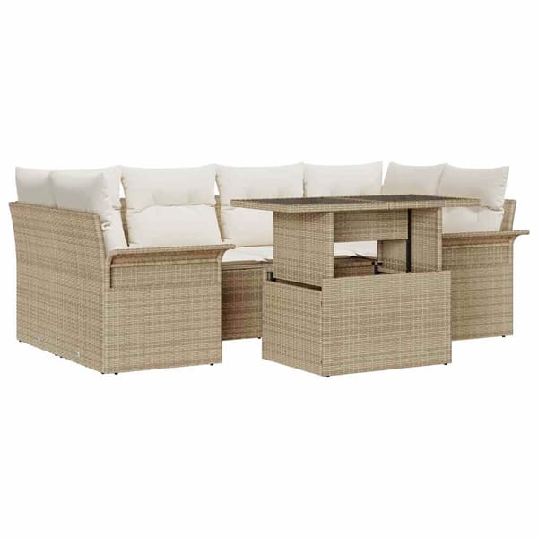 vidaXL Trädgårdsoffset med kudde med lagring 7 pcs Beige Poly Rattan