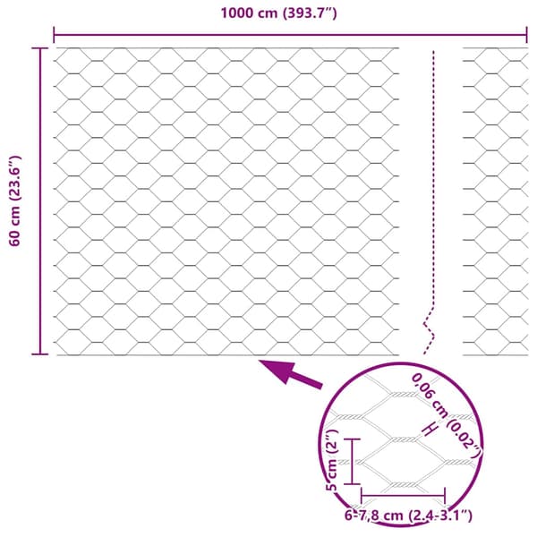 vidaXL Hexagonstängsel Silver 0,6 x 10 m Galvaniserat stål