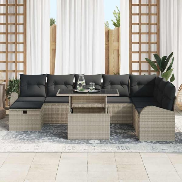 vidaXL Trädgårdsoffset med kudde med lagring 9 pcs Ljusgrå Poly rattan
