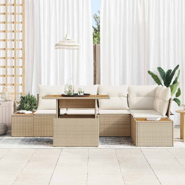 vidaXL Trädgårdsoffset med lagring 6 pcs Beige Poly rattan