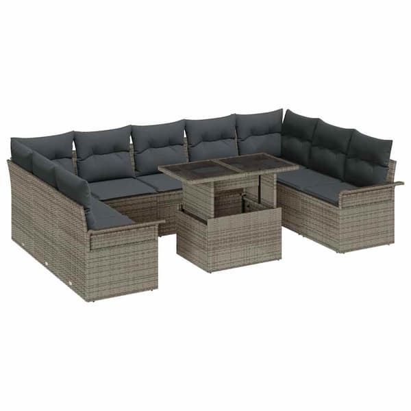 vidaXL Trädgårdsoffset med kudde 10 pcs Grå Poly rattan