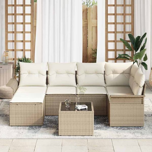 vidaXL Trädgårdsoffset med lagring 7 pcs Beige konstrotting
