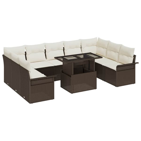 vidaXL Trädgårdsoffset med kudde 10 pcs Brun Poly rattan