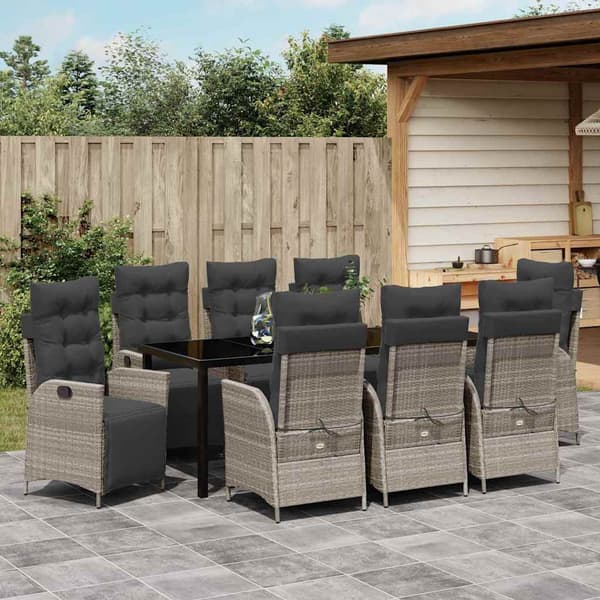 vidaXL Trädgårdsmöbelset med kudde 9 pcs Ljusgrå konstrotting