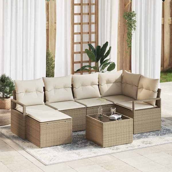 vidaXL Soffset med kudde 7 pcs Beige och gräddfärgad konstrotting