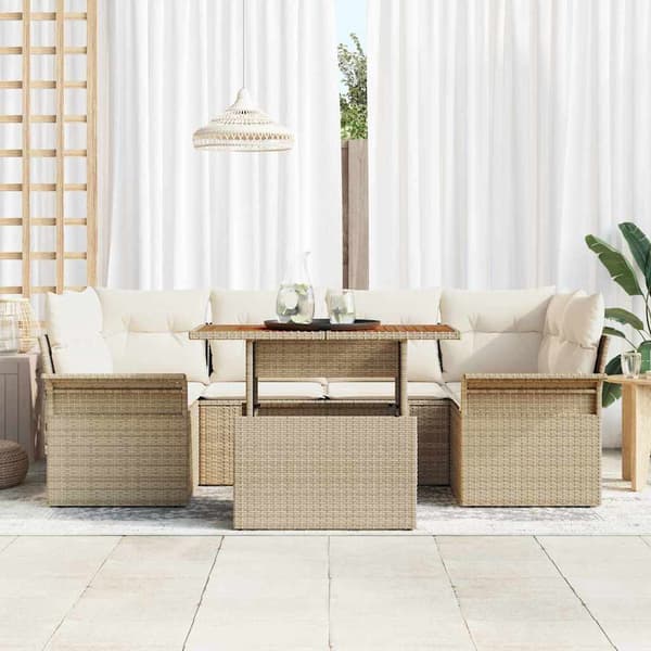 vidaXL Trädgårdsoffset med lagring 7 pcs Beige Poly rattan