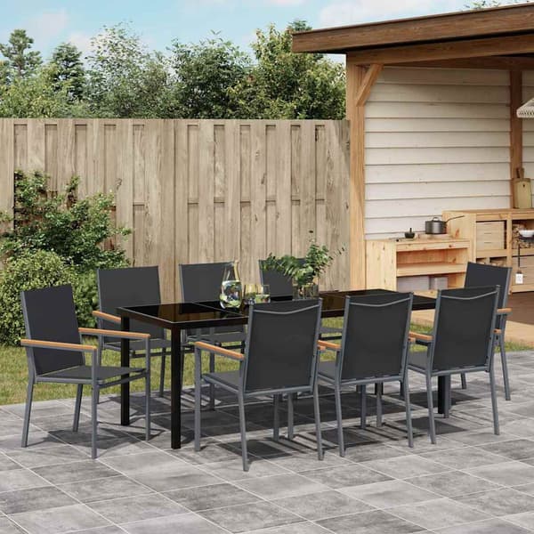 vidaXL Trädgårdsmöbelset 9 pcs Svart Pulverlackerad stål