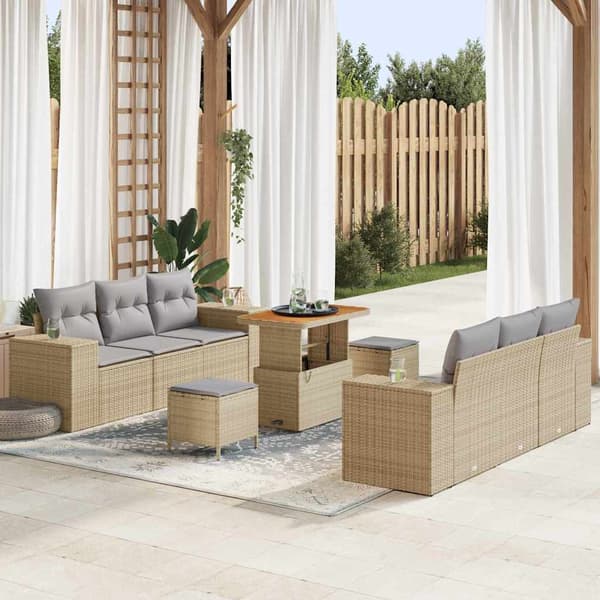 vidaXL Trädgårdsoffset med lagring 9 pcs Beige Poly rattan