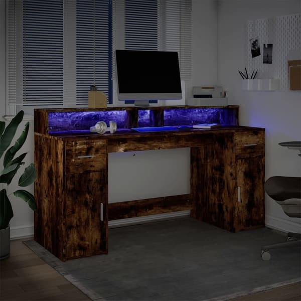 vidaXL Skrivebord med LED-lys røkt eik 160x55x91 cm konstruert tre