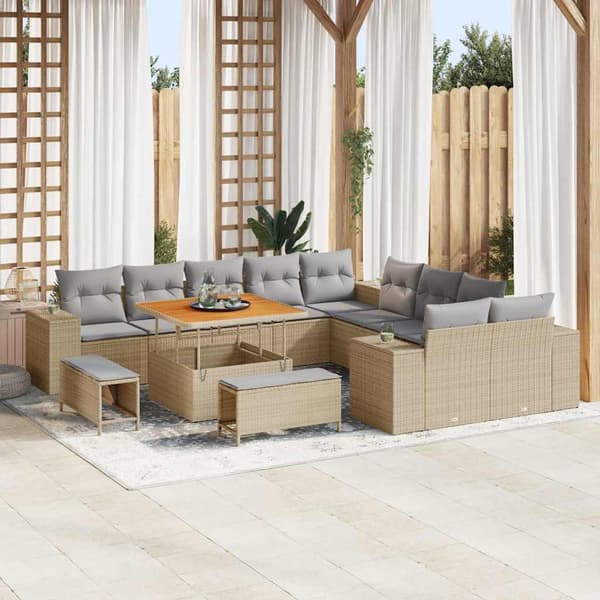 vidaXL Trädgårdsoffset med kudde 13 pcs Beige konstrotting