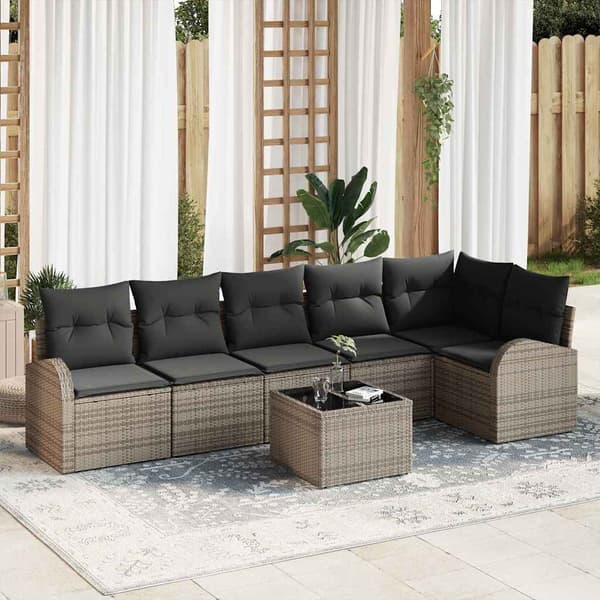 vidaXL Trädgårdsoffset med kudde 7 pcs Grå Poly rattan