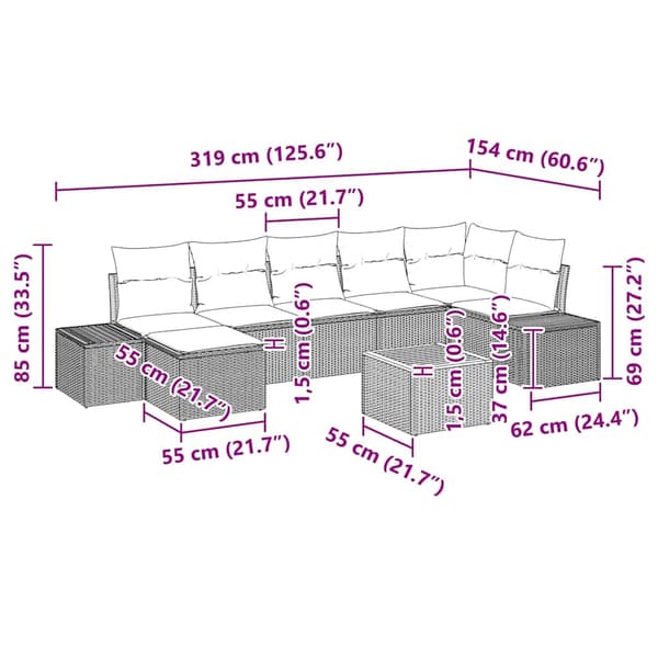 vidaXL Trädgårdsoffset med kudde 8 pcs Beige konstrotting