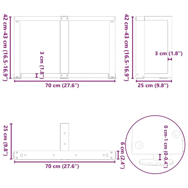 vidaXL Soffbordsben T-formade 2 st antracit 70x25x(42-43) cm stål