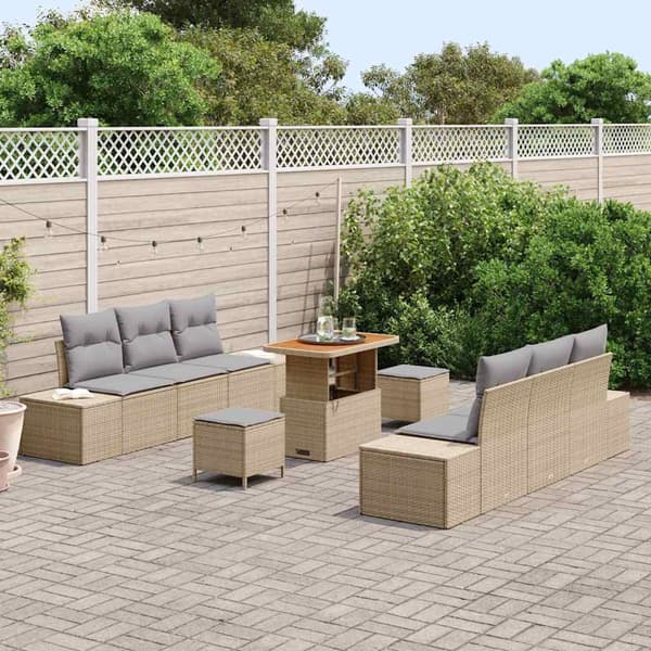 vidaXL Trädgårdsoffset med kudde med lagring 9 pcs Beige Poly rattan