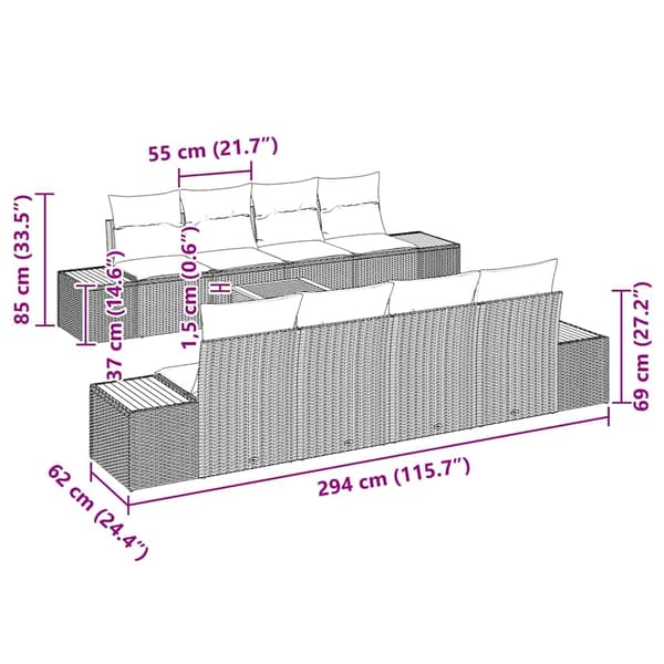 vidaXL Trädgårdsoffset med kudde 9 pcs Beige Poly rattan
