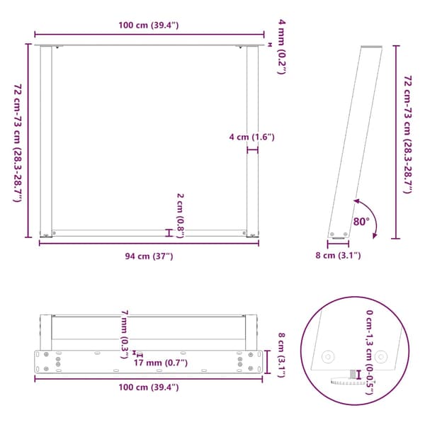 vidaXL Matbordsben U-formad 2 st antracit 100x(72-73) cm stål