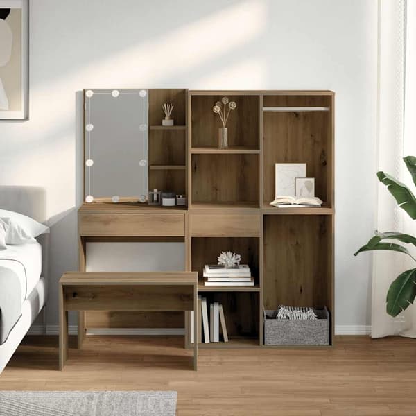 vidaXL Sminkebordsett med LED artisan eik konstruert tre