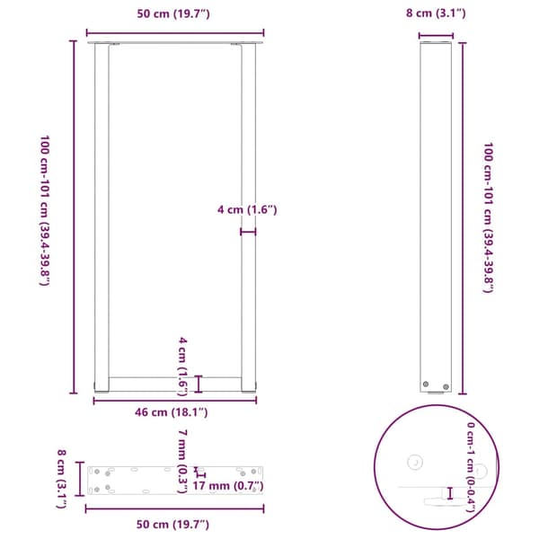 vidaXL Soffbordsben U-formade 2 st svart 50x(100-101) cm stål