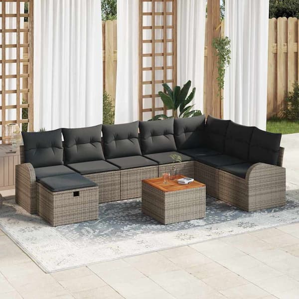 vidaXL Trädgårdsoffset med kudde med lagring 9 pcs Grå Poly rattan