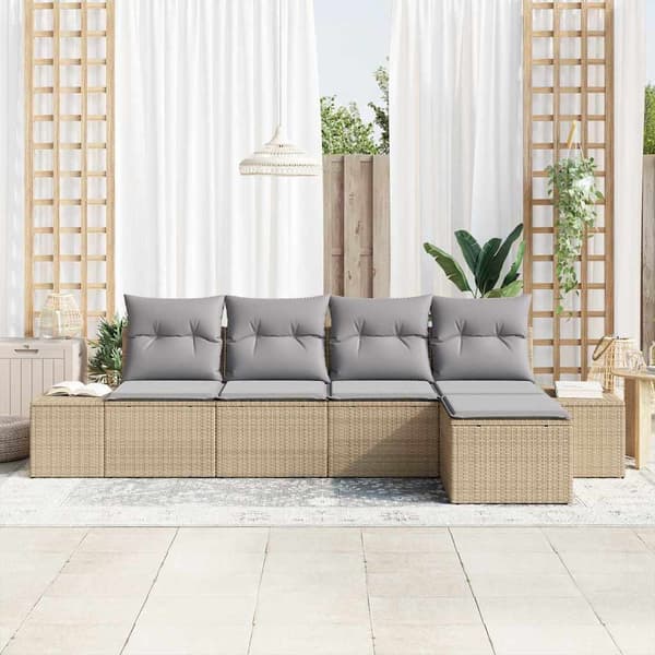 vidaXL Trädgårdssoffa Set med dyna 5 delar Beige polyrotting