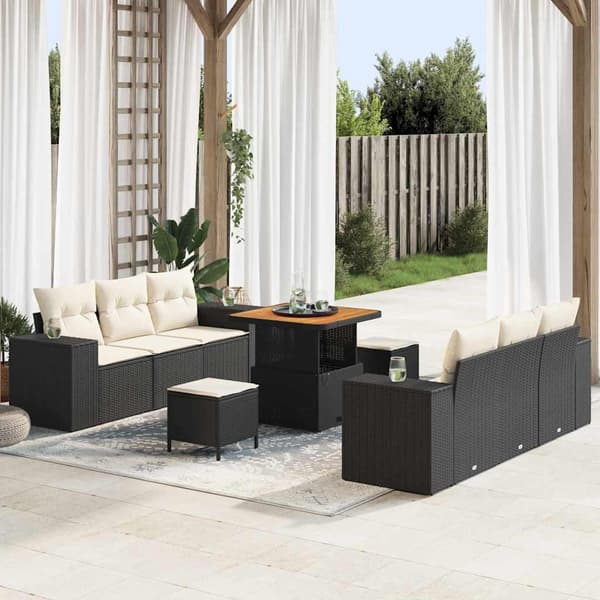 vidaXL Trädgårdsoffset med kudde 9 pcs Svart Poly rattan