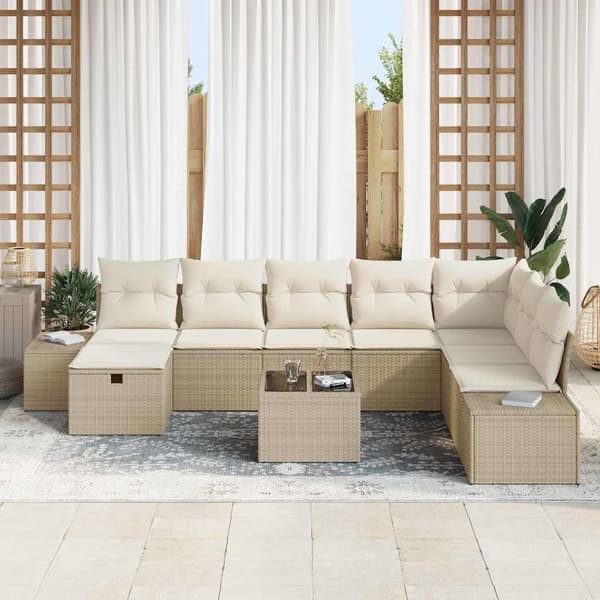 vidaXL Trädgårdsoffset med kudde 9 pcs Beige konstrotting