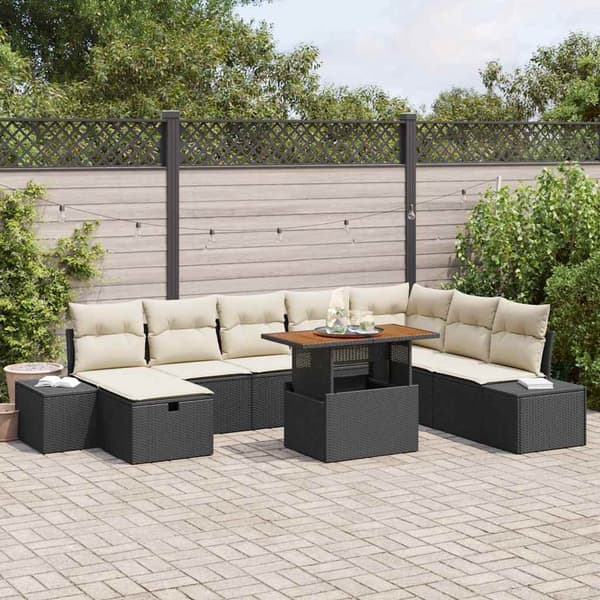 vidaXL Trädgårdsoffset med lagring 9 pcs Svart Poly rattan
