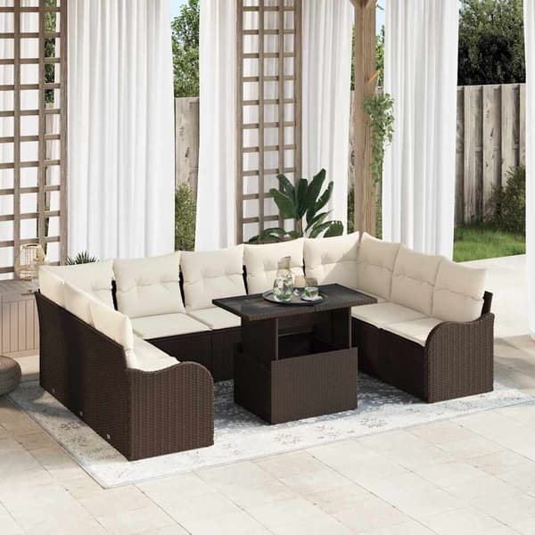 vidaXL Trädgårdsoffset med kudde med kudde 10 pcs Brun Poly Rattan
