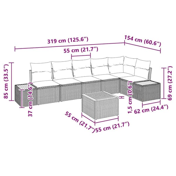 vidaXL Trädgårdsoffset med kudde 7 pcs Beige Poly rattan