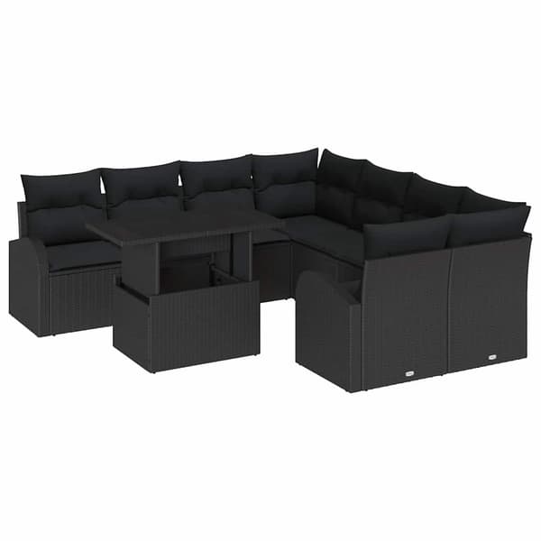 vidaXL Trädgårdsoffset med kudde med lagring 9 pcs Svart Poly Rattan