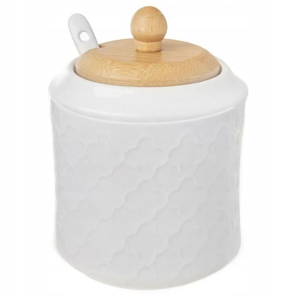 Sockerbehållare i porslin - ORION - 350 ml - Lock i bambu - Sked ingår - Vit - Diameter 9 cm