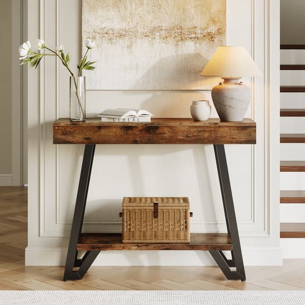 Tribesigns Konsolbord, 103×30×80 cm, 2 Hyllplan Med Förvaring, Rustikt Brunt