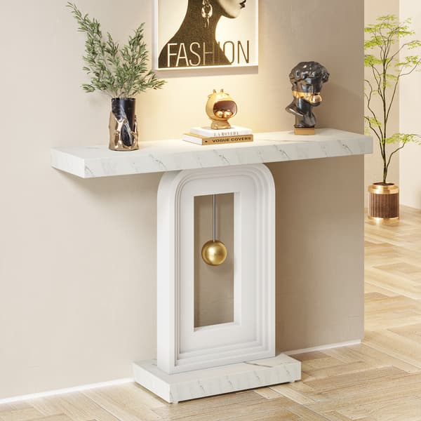 Tribesigns Konsolbord, 100×30×82 cm, Pendelfot, Marmorstil, Vit