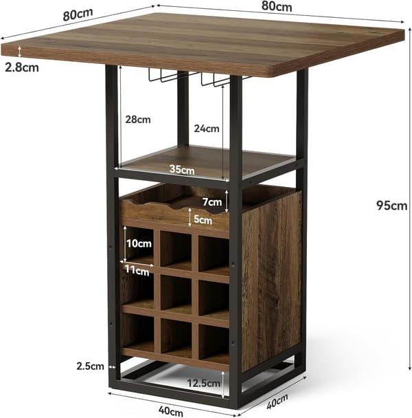 Tribesigns-Baaripöytä, 80×80×95 cm, Lasitelineillä, Pullotelineillä ja Hyllyillä, Ruskea