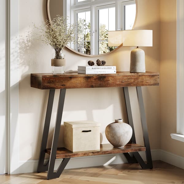 Tribesigns Konsolbord, 103×30×80 cm, 2 Hyllplan Med Förvaring, Rustikt Brunt