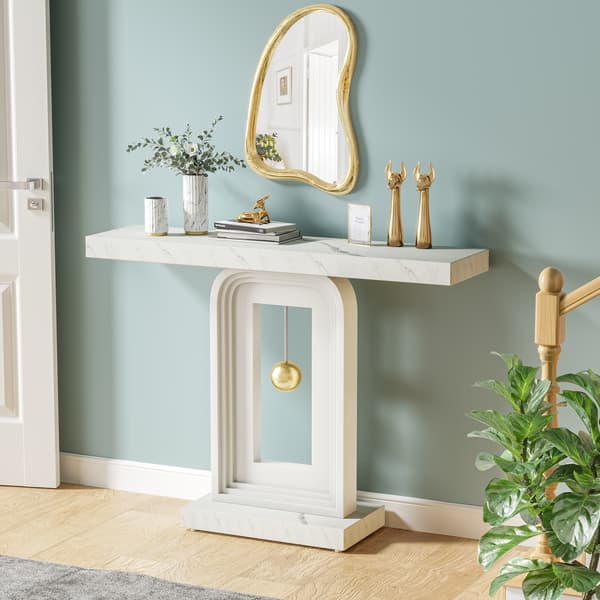 Tribesigns Konsolbord, 100×30×82 cm, Pendelfot, Marmorstil, Vit