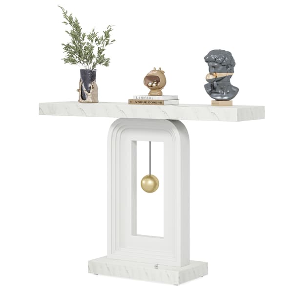Tribesigns Konsolbord, 100×30×82 cm, Pendelfot, Marmorstil, Vit