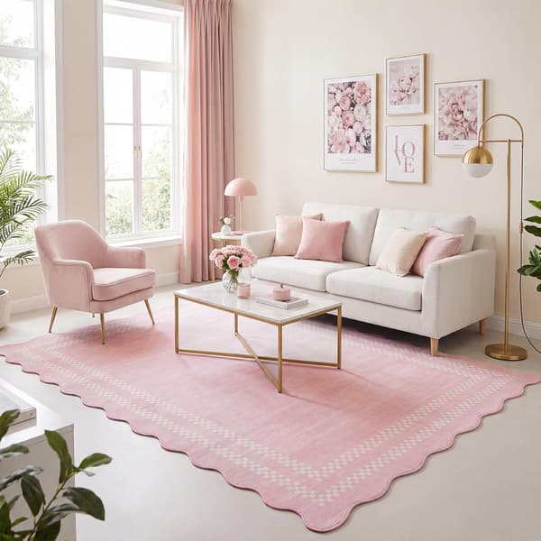 Tribesigns Vardagsrumsmatta, Kort Lugg, Modernt Vågmönster, Rosa