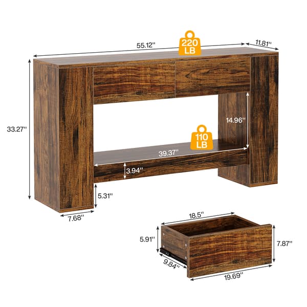 Tribesigns Konsolbord, 140×30×85 cm, 2 Hyllplan, 2 Lådor, Rustikt Brunt
