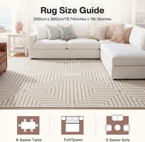 Tribesigns Vardagsrumsmatta, Geometrisk Kort Lugg, 200 x 300 cm, Beige