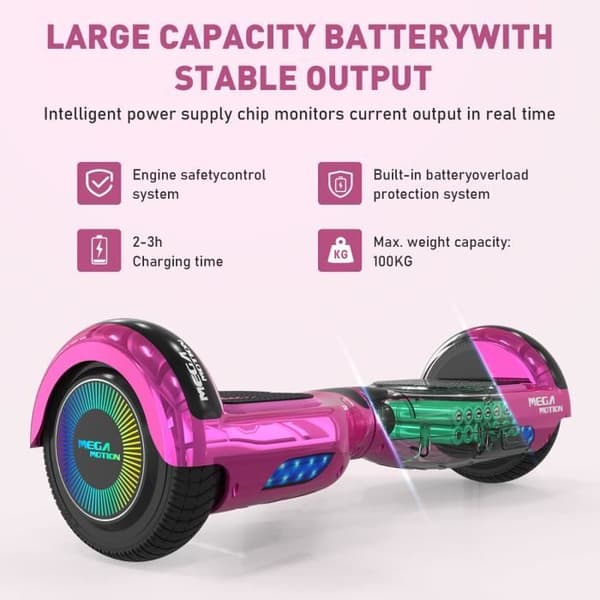 MEGA MOTION Hoverboard 6,5" Rosa - Bluetooth-högtalare - med LED-lampor för barn