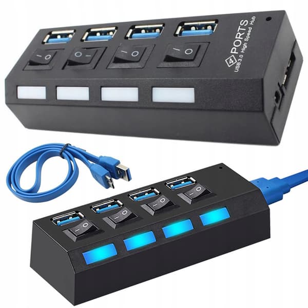 USB-hub 4-porter USB 3.0 – USB-splitter med av/på-knapper