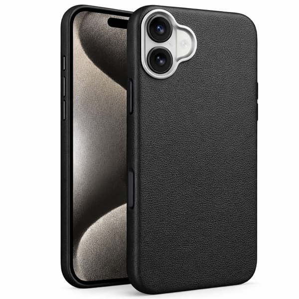 Tynd TPU-cover med læderfinish til iPhone 16 Plus – Sort