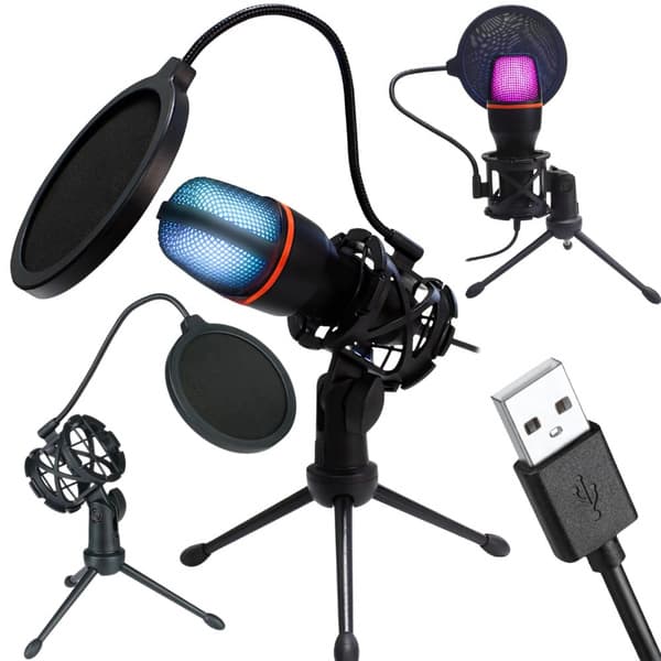 RGB USB Studio Mikrofon med Stativ för Gaming, Podcast & Streaming