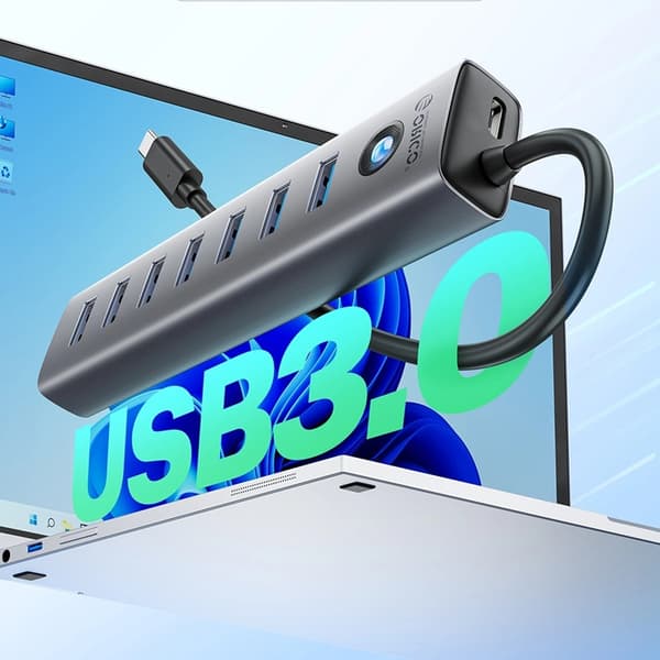 Orico Hub 7xUSB-A 3.0 1xUSB-C 5V/3A 1m - Harmaa